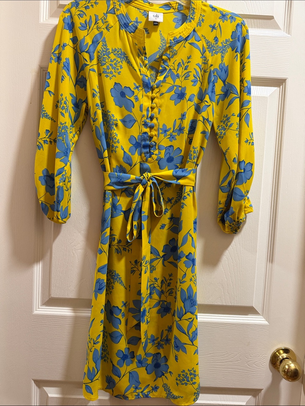 CAbi XS Yellow Dress with Blue Floral Print and Tie Neck #5794